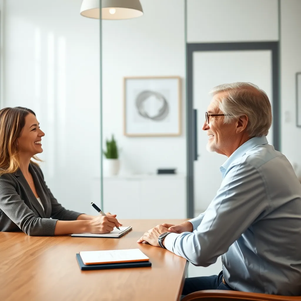 A photorealistic image of a life coach and a client sitting across from each other at a table. The coach is smiling and writing notes on a notepad while the client is looking thoughtfully at the coach. They are both in a bright and welcoming office setting. The image should convey a sense of trust, collaboration, and personalized guidance.