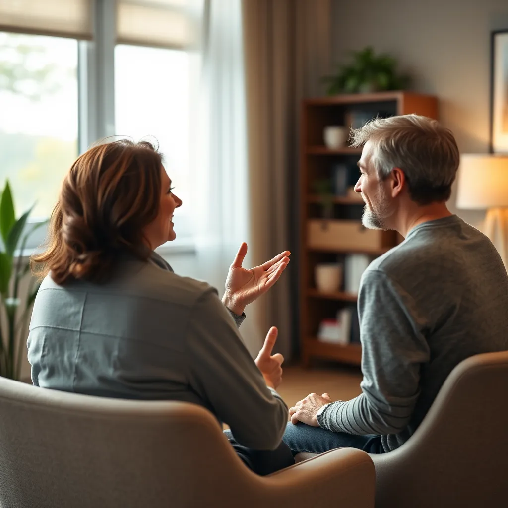 A photorealistic image of a life coach sitting across from a client in a comfortable, well-lit office setting. The coach is smiling and gesturing with their hands, while the client looks attentive and engaged. The image should convey a sense of trust, support, and individual attention.
