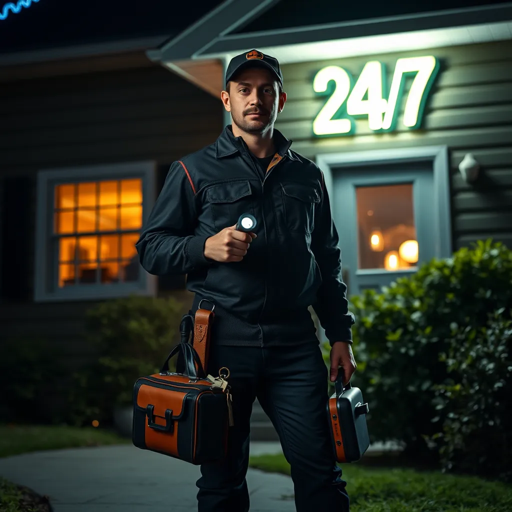 A photorealistic image of a locksmith standing outside a house at night, holding a tool kit and a flashlight, with a glowing '24/7' sign behind them, and the house windows dimly lit from inside.
