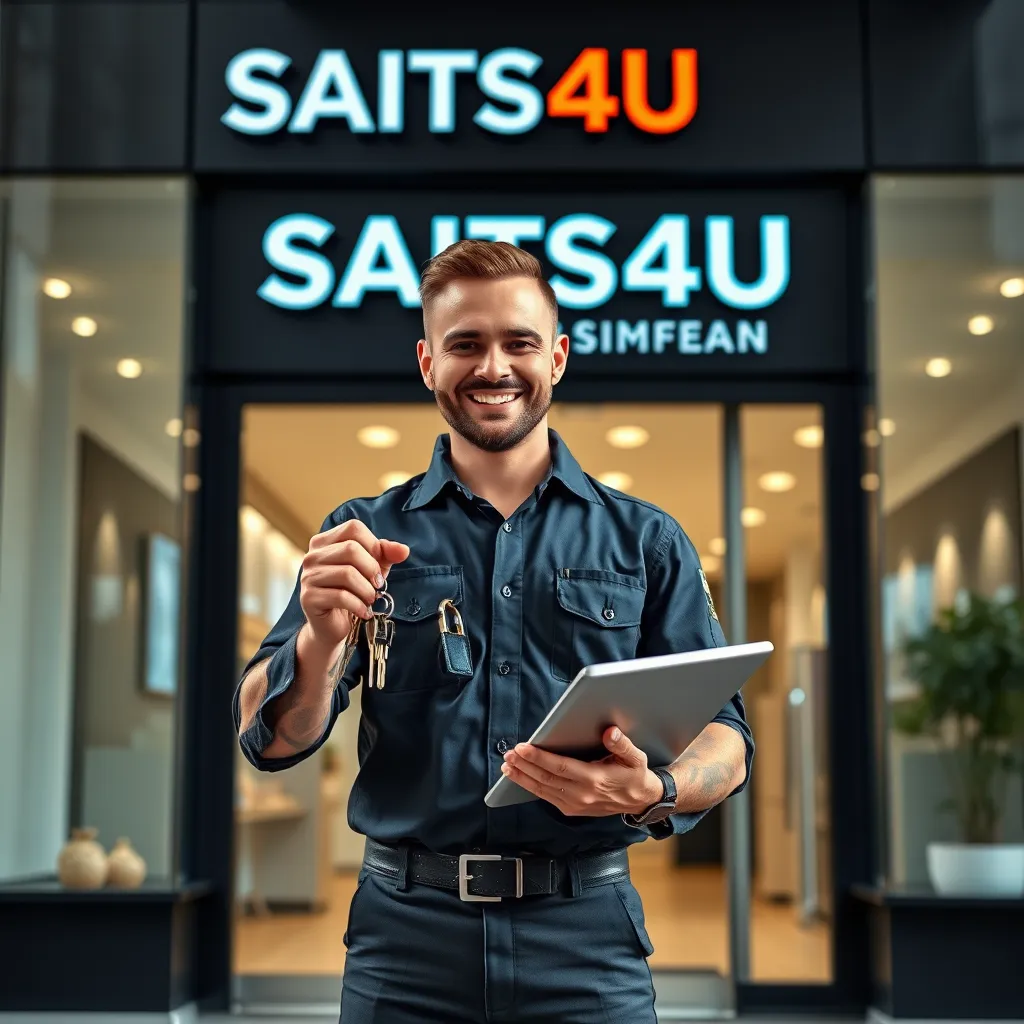 A photorealistic image of a locksmith standing in front of a modern, sleek storefront, wearing a uniform and a professional smile, holding a set of keys in one hand and a tablet in the other, with the SAITS4U Locksmith logo prominently displayed behind them.