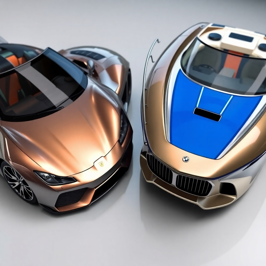 A photorealistic image of a luxury car and a speedboat, side-by-side, both gleaming after professional detailing. The cars and boats should be clean and polished to a high shine.  The background should be slightly blurred to focus attention on the vehicles. High-resolution image with vibrant colors and excellent lighting, reflecting the high quality of the detailing.