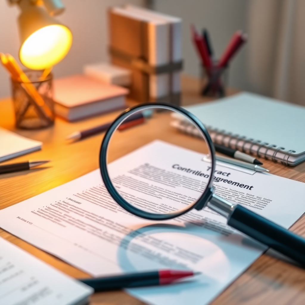 A photorealistic image of a magnifying glass hovering over a detailed contract, symbolizing the careful examination of supplier agreements. The contract is laid out on a wooden desk, surrounded by pens, notebooks, and other office supplies. The lighting is warm and inviting, creating a sense of trust and security. Camera angle: Close-up, slightly angled to show the details of the contract and the magnifying glass.