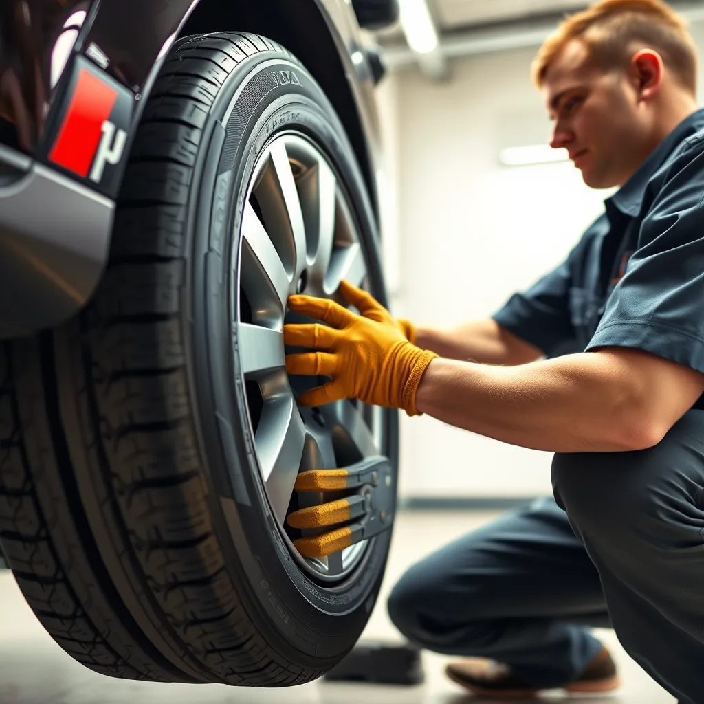 A photorealistic image of a mechanic installing a new tire on a car. The mechanic should be wearing a uniform and gloves, and the tire should be clearly visible. The image should be set in a clean, well-lit garage with a bright white background. Use warm lighting and a close-up perspective to emphasize the details of the tire and the installation process. The scene should be composed in a way that highlights the professionalism and expertise of the mechanic, showcasing the quality of service offered at AutoCare & Tires. Render in 8K resolution with hyperrealistic detail, capturing the textures of the tire, tools, and the mechanic's hands.