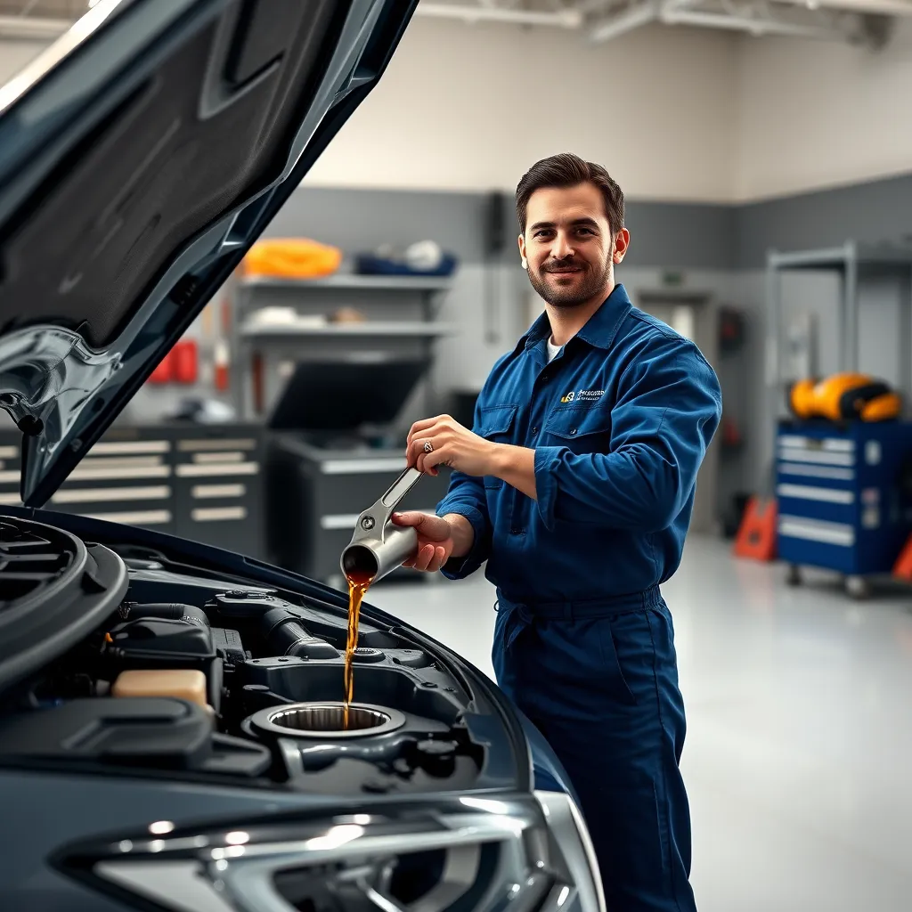 A photorealistic image of a mechanic in a clean, well-lit garage, wearing a blue jumpsuit, changing the oil in a modern car with a raised hood. The garage has tools neatly arranged on shelves and a bright, white floor. The mechanic has a confident expression, using a wrench to tighten the oil drain plug. The image should convey a sense of professionalism and care for the vehicle. The oil pan should be clearly visible, with fresh oil pouring into it from a container. Use soft, diffused lighting for a warm and inviting ambiance. Render in 8K resolution with hyperrealistic detail.