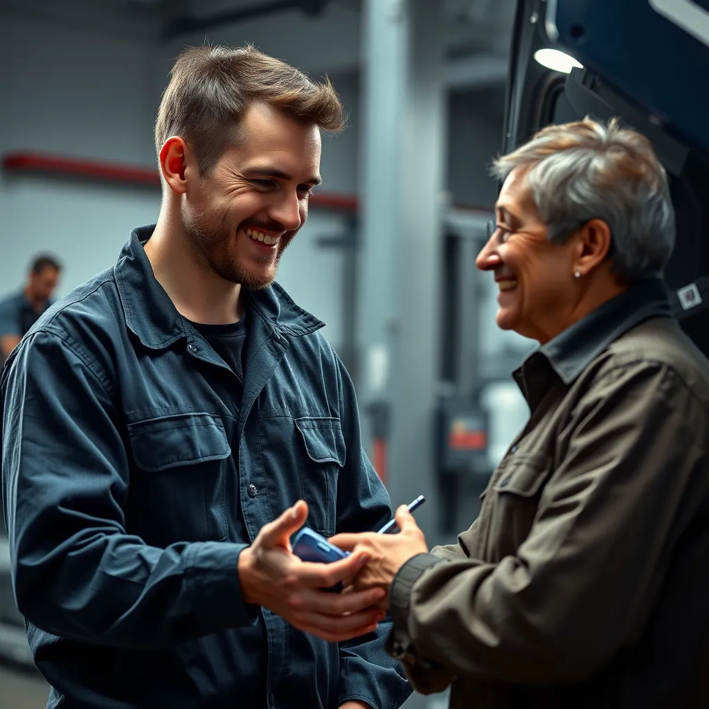 A photorealistic image of a mechanic explaining a repair to a customer. The mechanic should be friendly and approachable, and the customer should look confident and satisfied. The image should convey a sense of trust and transparency in the customer-mechanic relationship.