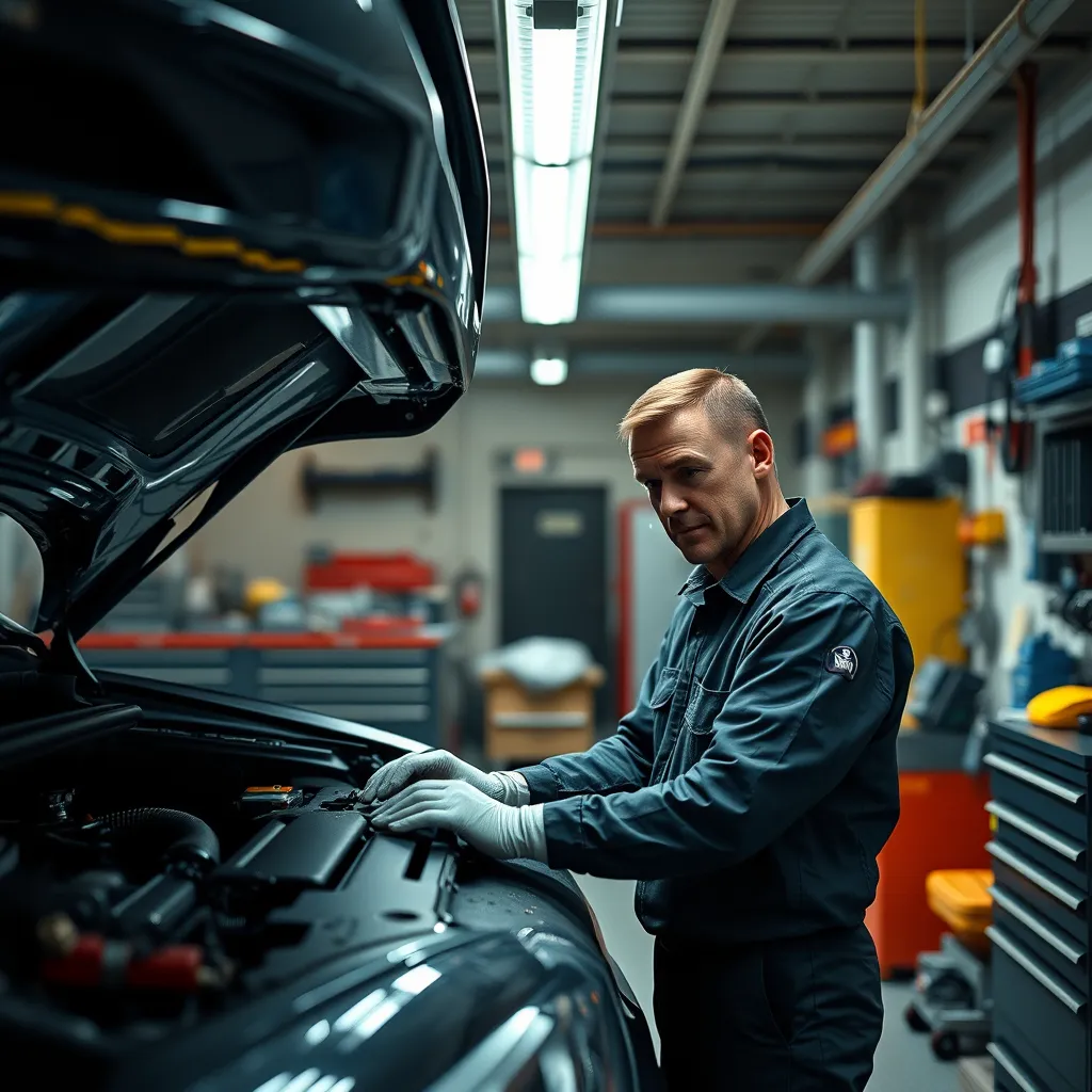 A photorealistic image of a mechanic working on a car in a clean, well-lit garage, with a variety of tools and equipment visible around him. The mechanic should be wearing a uniform and appear focused and professional. The image should convey a sense of expertise and attention to detail.