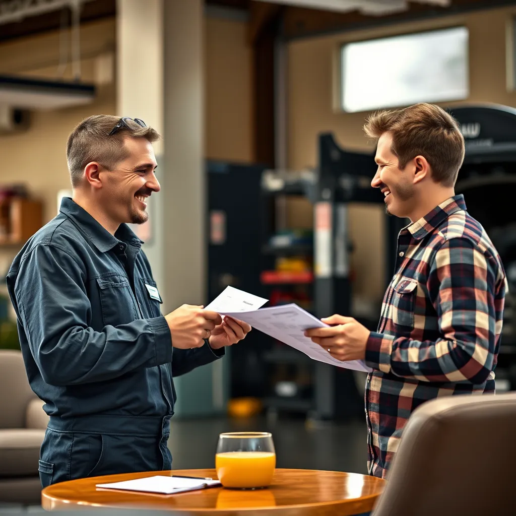 A photorealistic image of a mechanic explaining a repair estimate to a customer in a comfortable and inviting waiting area. They are both smiling and engaged in conversation, highlighting the importance of communication and transparency in SAITS4U's service.