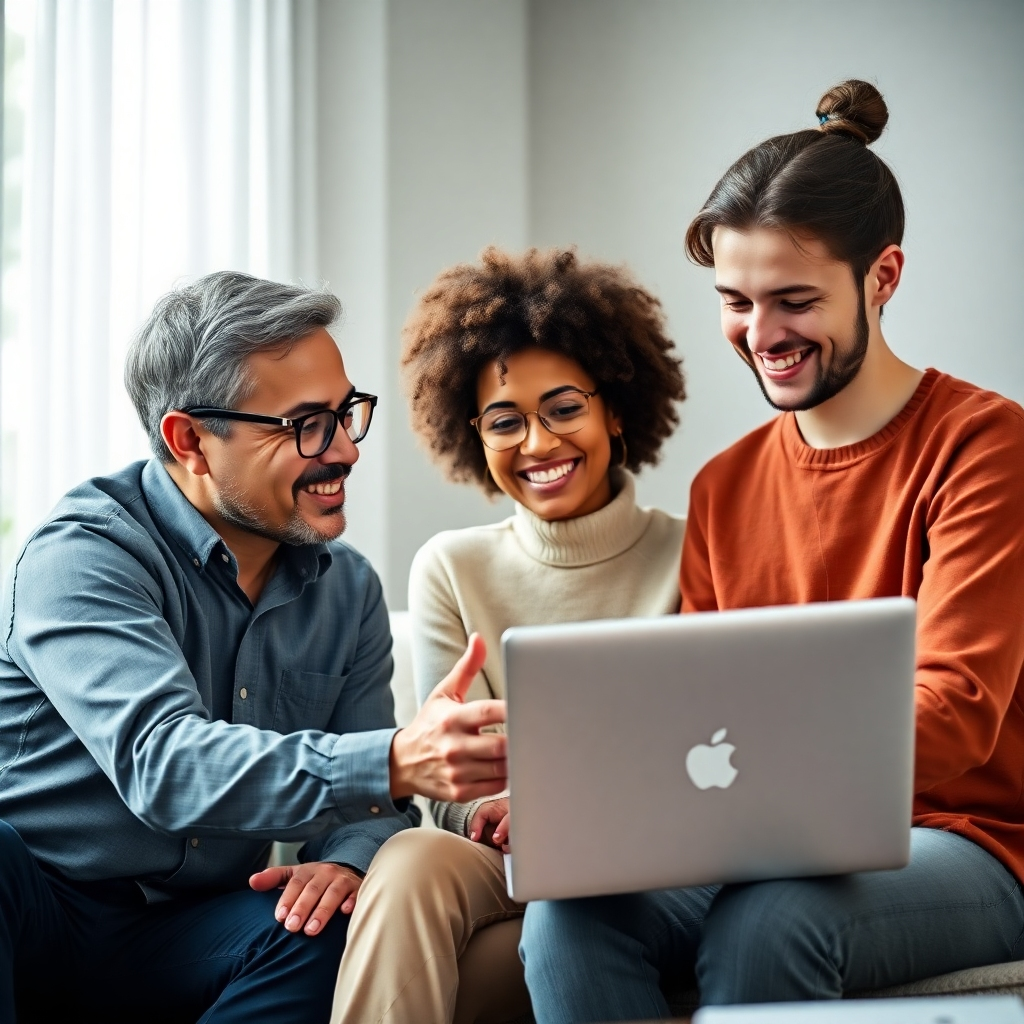 A photorealistic image of a mentor guiding a mentee, using a laptop to discuss ideas, both smiling and engaged in conversation.  Use a warm and friendly colour palette.  The lighting should be soft and natural, emphasizing a comfortable and welcoming space. Aim for a 4K resolution, hyperrealistic, showcasing the mentor-mentee relationship and friendly interaction.  Focus on genuine human interaction.