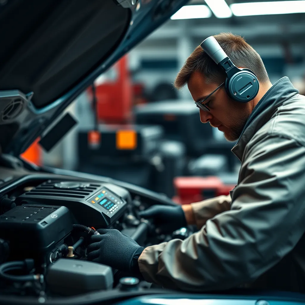 A photorealistic image of a mechanic using advanced diagnostic equipment to inspect a car engine. The equipment should be modern and sophisticated, and the mechanic should be focused and attentive. The image should highlight the technological aspect of the repair process.