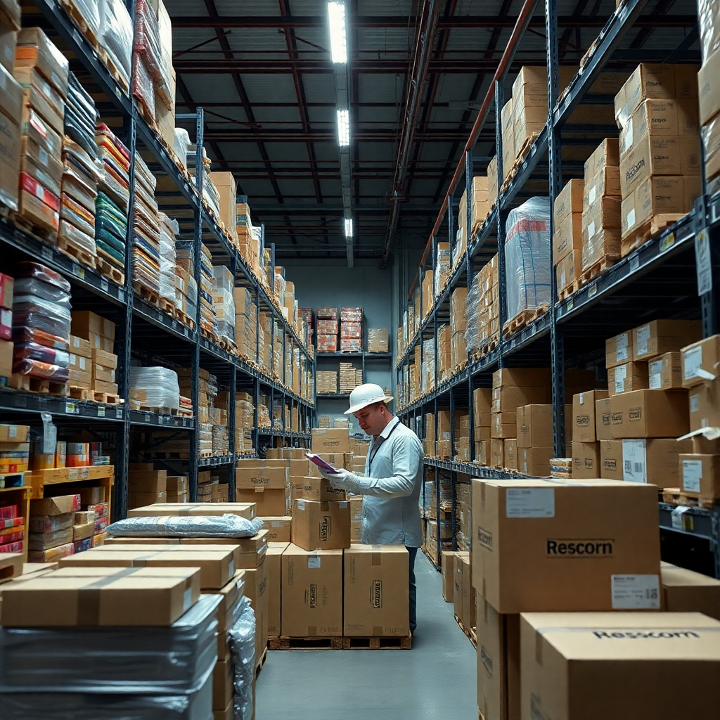 A photorealistic image of a meticulously organized warehouse with diverse products neatly stacked on shelves.  A worker is carefully inspecting products before packaging, showcasing high quality control. Emphasize clean, efficient operations and advanced technology in the background.  Include branded boxes and shipping labels.