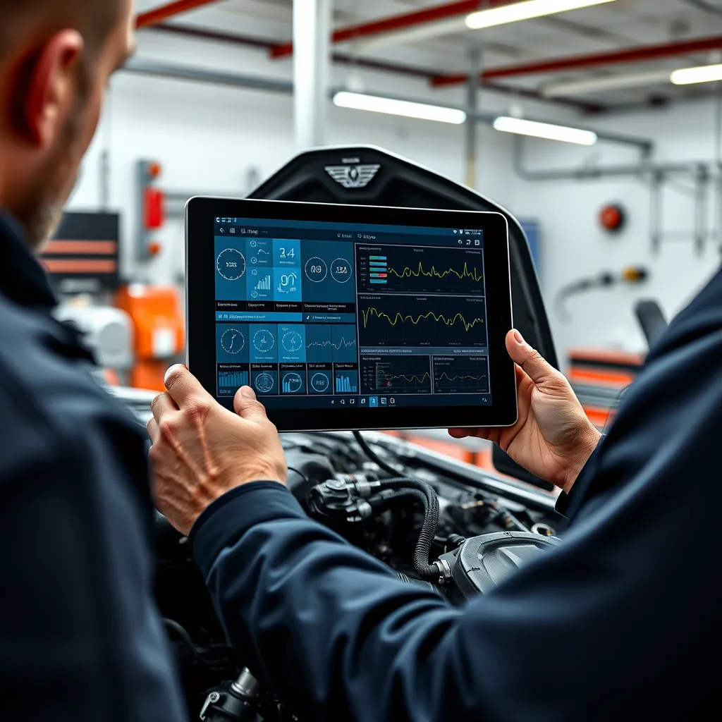 A photorealistic image of a mechanic using a tablet connected to a car engine. The tablet displays complex diagnostic data and graphs, highlighting the advanced technology used at SAITS4U. The garage is modern and well-equipped, with other tools and equipment visible in the background.