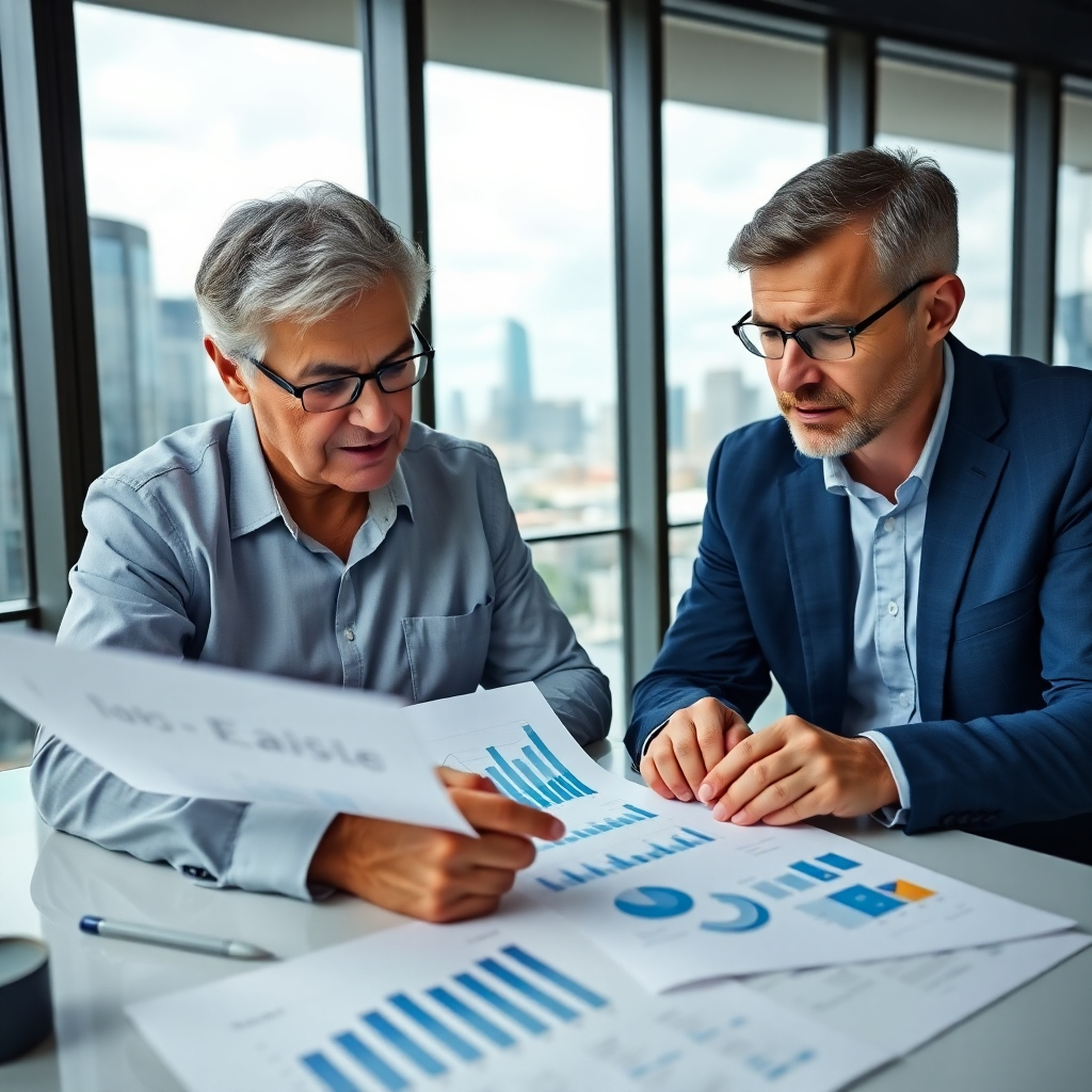 A photorealistic image of a mentor (older, experienced) guiding a younger person through financial charts and graphs. The setting is a modern office with large windows overlooking a city skyline. The lighting is professional and focused. The composition conveys trust and expertise. Camera angle: eye-level, focusing on the interaction between the mentor and mentee. Style: Corporate photography with a focus on mentorship.