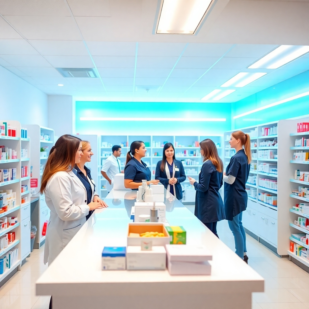 A photorealistic image of a modern and clean pharmacy interior, with friendly staff assisting patients. The lighting should be bright and inviting, with a focus on showcasing a clean and well-organized environment. The style should be clean, modern, and welcoming.