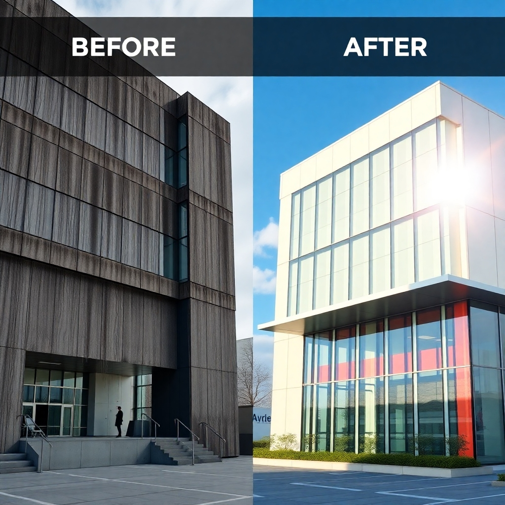 A photorealistic image of a modern office building before and after professional exterior cleaning. The before image should show a building covered in dirt and grime. The after image should showcase a pristine, sparkling clean building exterior with vibrant colors, reflecting sunlight. High-resolution, detailed image, emphasizing the transformation.