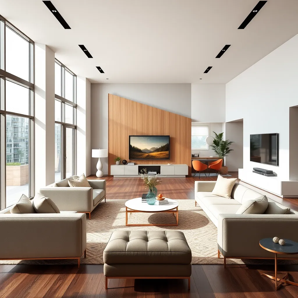 A photorealistic image of a modern living room with a sleek, minimalist design. The furniture is stylish and comfortable, with pops of color in the decor. The space is well-organized and clutter-free, with natural light flooding in from large windows. The image should convey a sense of calm and sophistication.