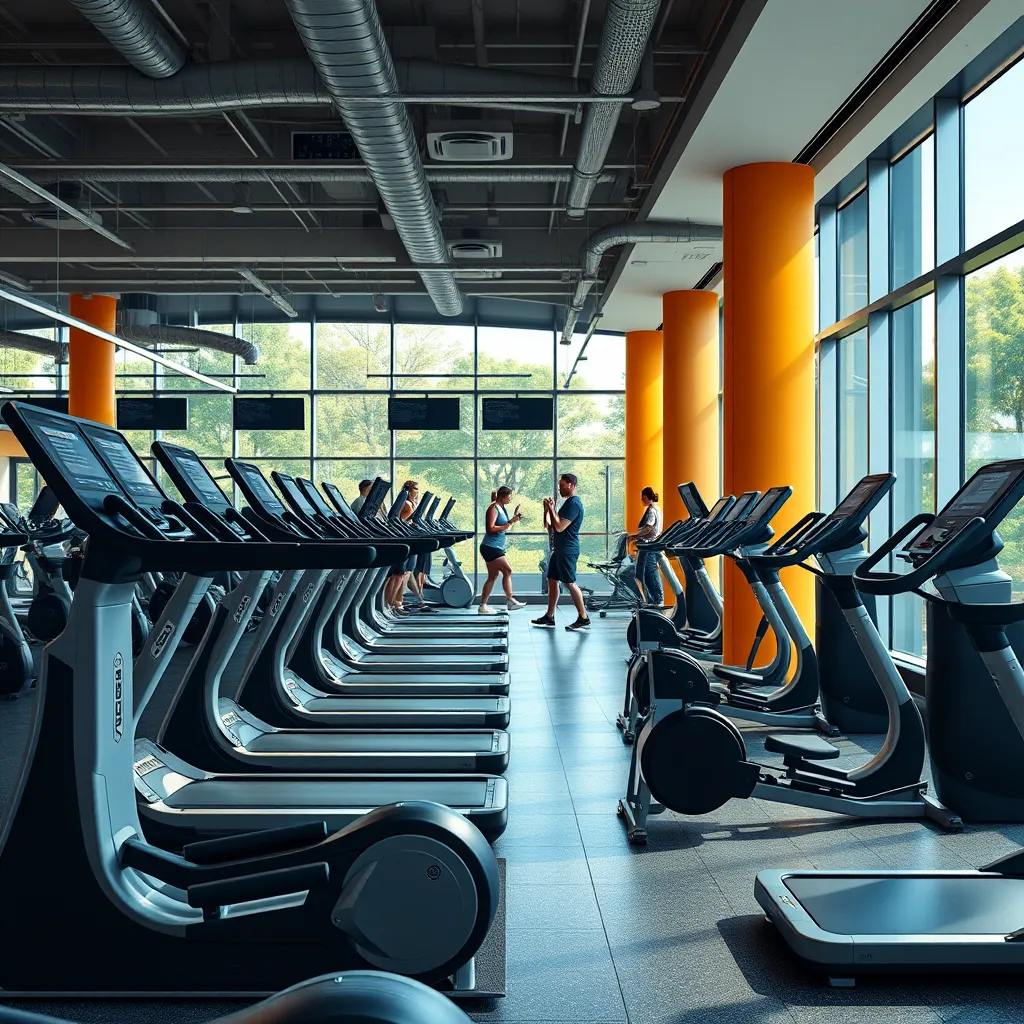 A photorealistic image of a modern gym interior with sleek, high-tech cardio and strength training equipment. The gym is well-lit with large windows and vibrant colors. People are working out in the background, showcasing the positive energy of the space.