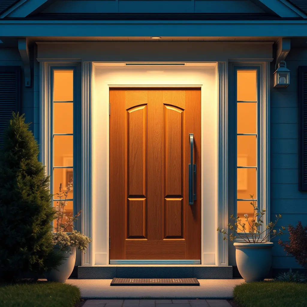 A photorealistic image of a modern home with a well-lit, welcoming front door. The door should feature a high-quality, stylish lock with visible security features. The image should exude a sense of safety and peace of mind.