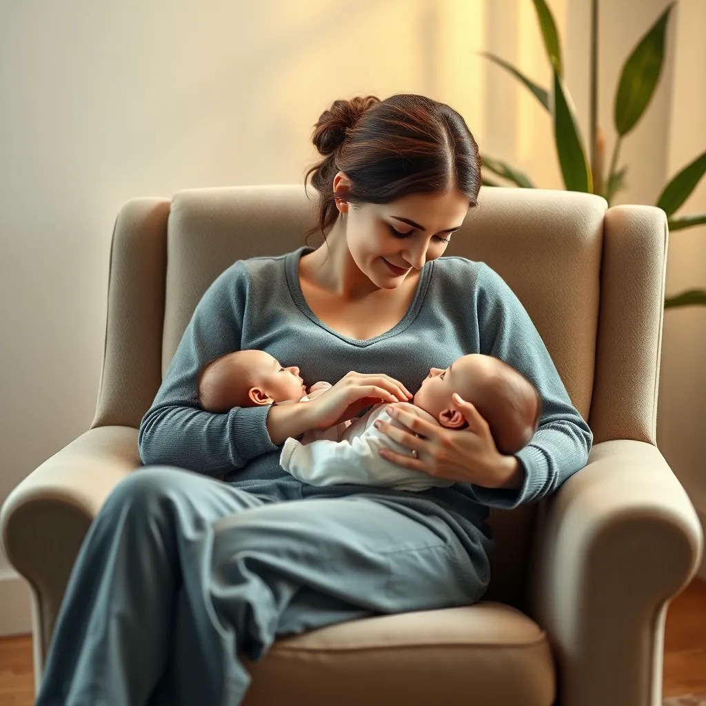 A photorealistic image of a mother breastfeeding her baby comfortably in a cozy armchair. The image should depict a sense of peace and contentment, with the mother looking at her baby with love and the baby appearing relaxed and content while nursing. The image should be warm and inviting, with soft lighting and natural elements like plants in the background.