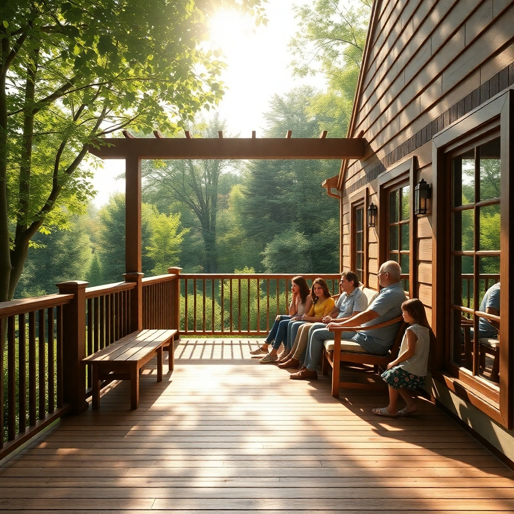 A photorealistic image of a newly constructed wooden deck with a beautiful view of a lush green garden. The deck is made of high-quality cedar wood, with intricate details and a natural finish.  The sunlight shines through the leaves, creating a dappled effect on the deck.  A family is sitting on the deck, enjoying the view and each other's company.  The image should capture the joy and relaxation associated with outdoor living. Rendered in 8K resolution with ultra-realistic textures and lighting. Style: photorealistic, warm and inviting.