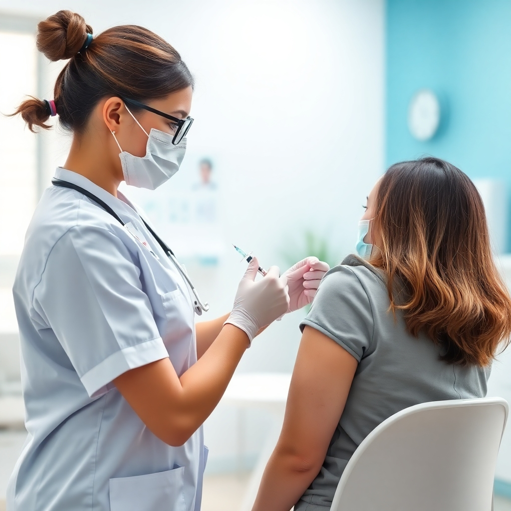A photorealistic image of a nurse administering an injection to a patient in a clean and friendly environment. Emphasize care, precision, and safety. Style: Clean and modern medical clinic.