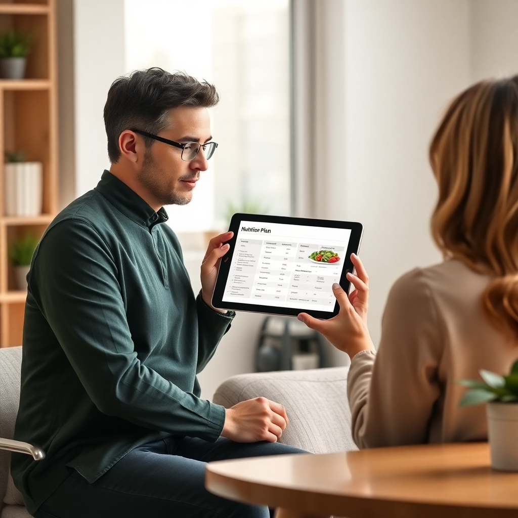 A photorealistic image of a nutritionist consulting with a client, showcasing a digital tablet displaying a customized nutrition plan. The setting should be a clean, modern office with natural light.  The color palette should be calming and professional, using earth tones and pastel colors. The image should emphasize the personal interaction and collaborative nature of the consultation. High-quality textures should be evident, with attention to detail in the clothes, office décor, and technology used. The overall aesthetic should be clean, modern, and trustworthy.