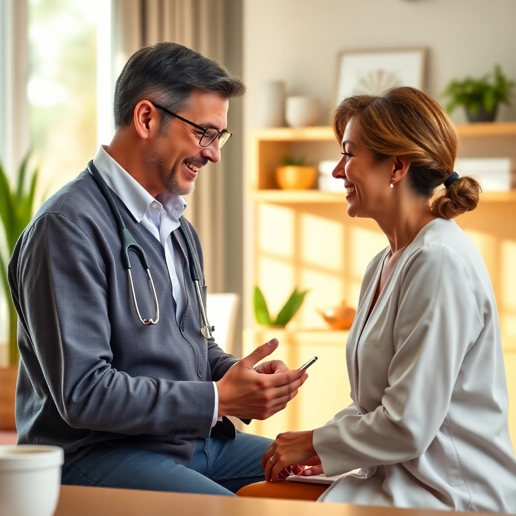 A photorealistic image of a nutritionist providing a consultation to a client in a friendly and professional setting.  The image should highlight the personal interaction and the warm, trusting relationship between the nutritionist and client. The setting should be a clean, modern office with warm, natural lighting and a calming color palette.  High-quality textures and detailed close-ups are necessary to evoke feelings of comfort and trust. The image should visually convey the expertise and care of the nutritionist.