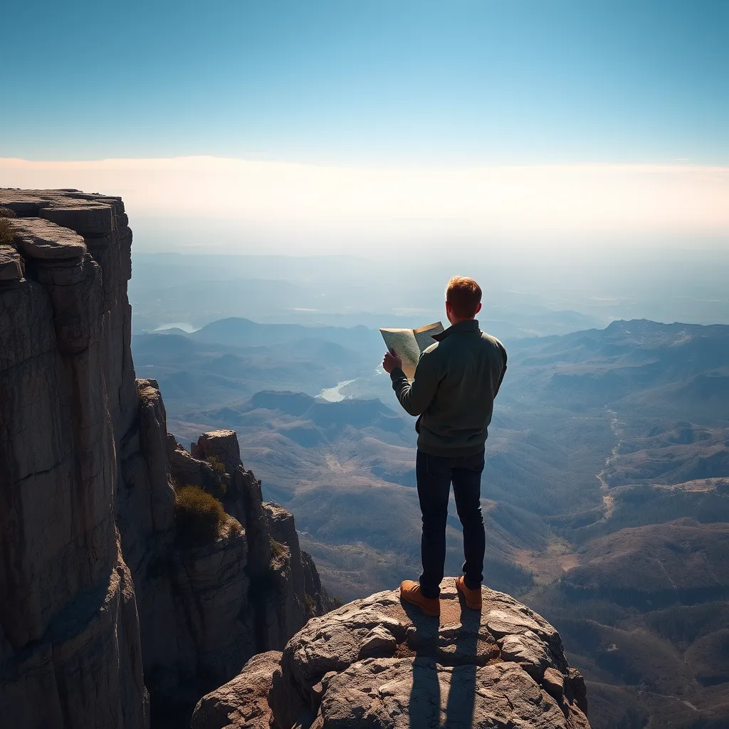 A photorealistic image of a person standing at the edge of a cliff, looking out at a vast, open landscape. The person is holding a map and compass, symbolizing their journey towards their goals, while the cliff represents the challenges they have overcome. The image should convey a sense of accomplishment, resilience, and a clear path forward.