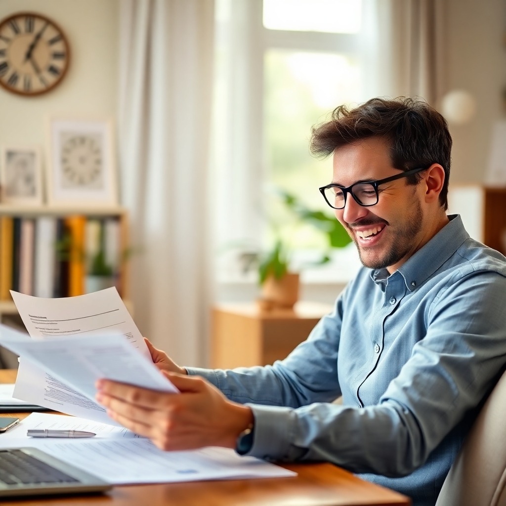A photorealistic image of a person reviewing financial documents and smiling confidently, suggesting the feeling of security and success. The setting could be a well-lit home office or a comfortable setting with natural light and warmth.