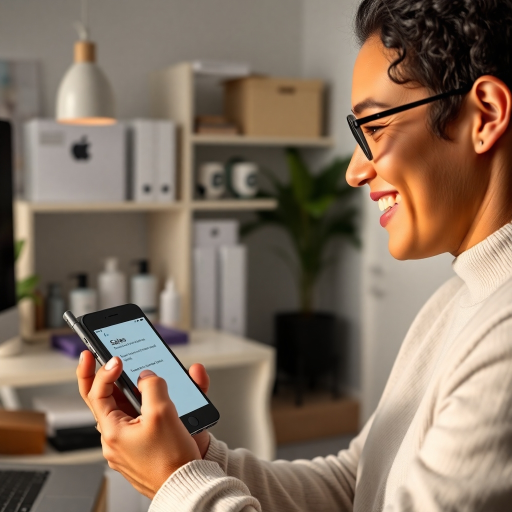 A photorealistic image of a person happily checking their phone, showing a sales notification from an e-commerce platform.  In the background, a clean, organized home office with product packaging subtly visible.  The image emphasizes efficiency and passive income.