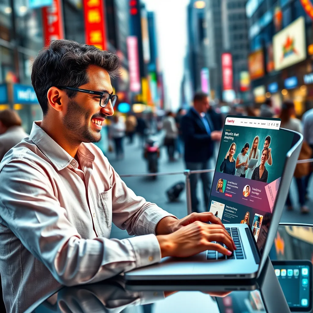 A photorealistic image of a person using a website on a laptop, looking engaged and satisfied. The website design is clean and modern, with intuitive navigation and clear content. The background depicts a bustling city with people interacting with digital devices, suggesting a website that seamlessly integrates into everyday life.