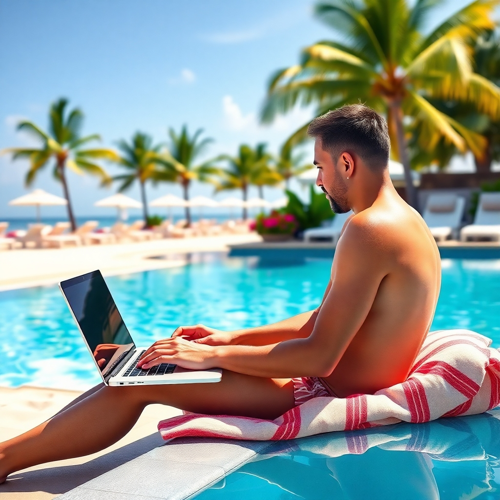 A photorealistic image of a person working remotely on a laptop while sitting on a beach or by a pool, surrounded by the elements of nature. The color palette is vibrant and bright, using tropical colours.  The lighting should be bright and sunny. The camera angle should be from a distance showing a wide and relaxed space. Aim for a 4K resolution, photorealistic and evoking a feeling of freedom and relaxation.