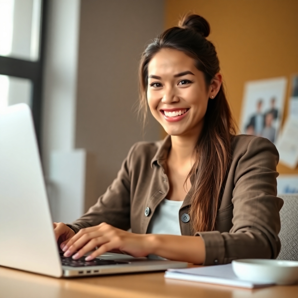 A photorealistic image of a person confidently smiling while looking at a laptop screen displaying positive feedback and reviews. Their surroundings should represent a successful work environment.  The overall mood should be one of accomplishment and self-assurance.