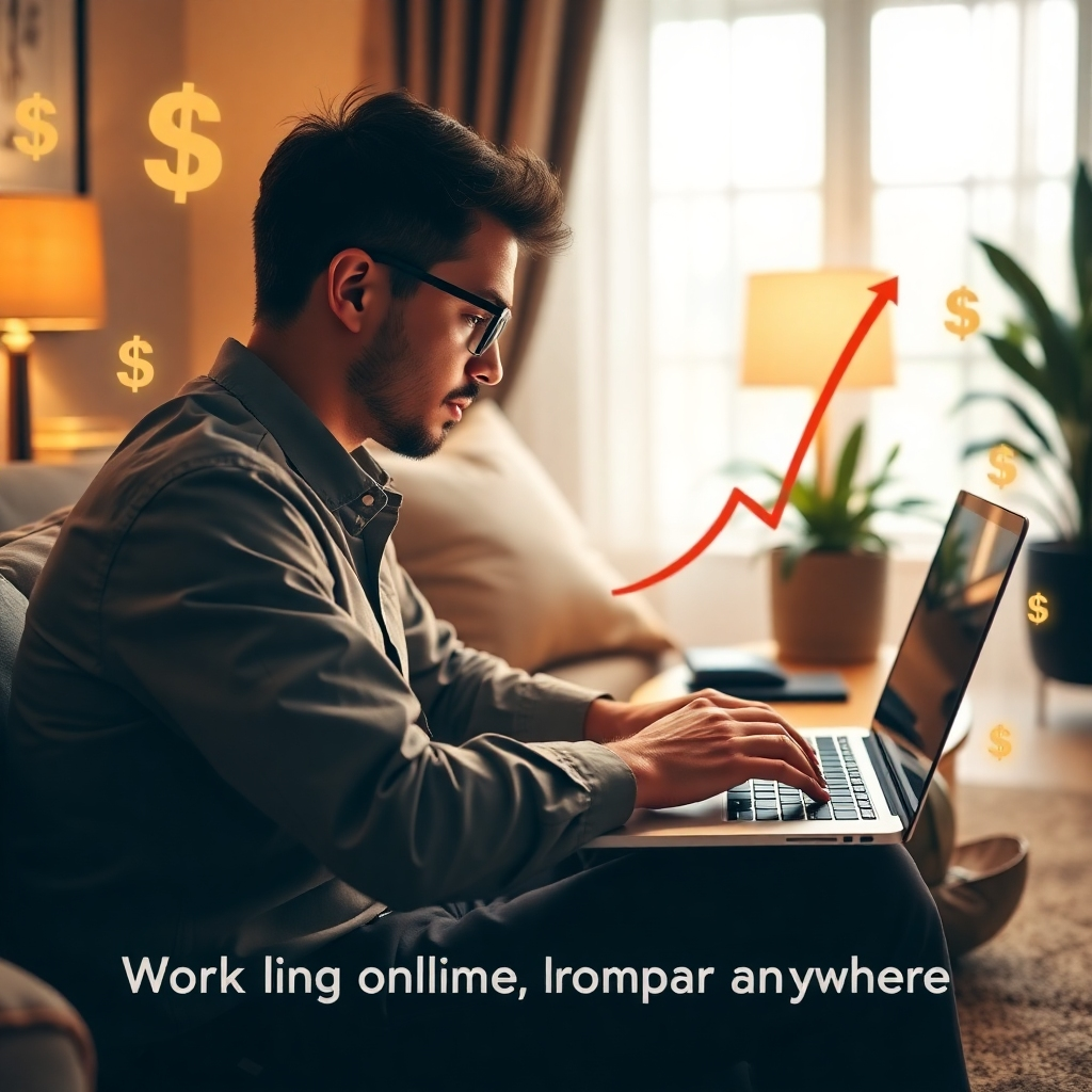 A photorealistic image of a person working on a laptop, surrounded by success symbols, such as dollar signs or a growing graph. The image should be warm, with a comforting and sophisticated environment, conveying that working online from anywhere is possible.