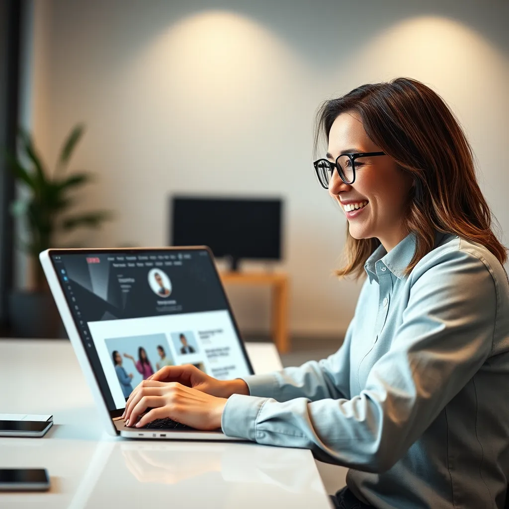A photorealistic image of a person smiling and easily navigating a modern, clean website on a laptop, with a focus on the website's design and layout. The background should be a minimalist, professional office setting.