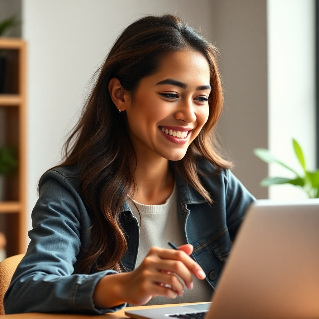 A photorealistic image of a person smiling while effortlessly creating content using a simple, intuitive interface. The image should evoke a sense of ease and efficiency. High-quality lighting and realistic textures are key. The overall style should be clean and approachable.