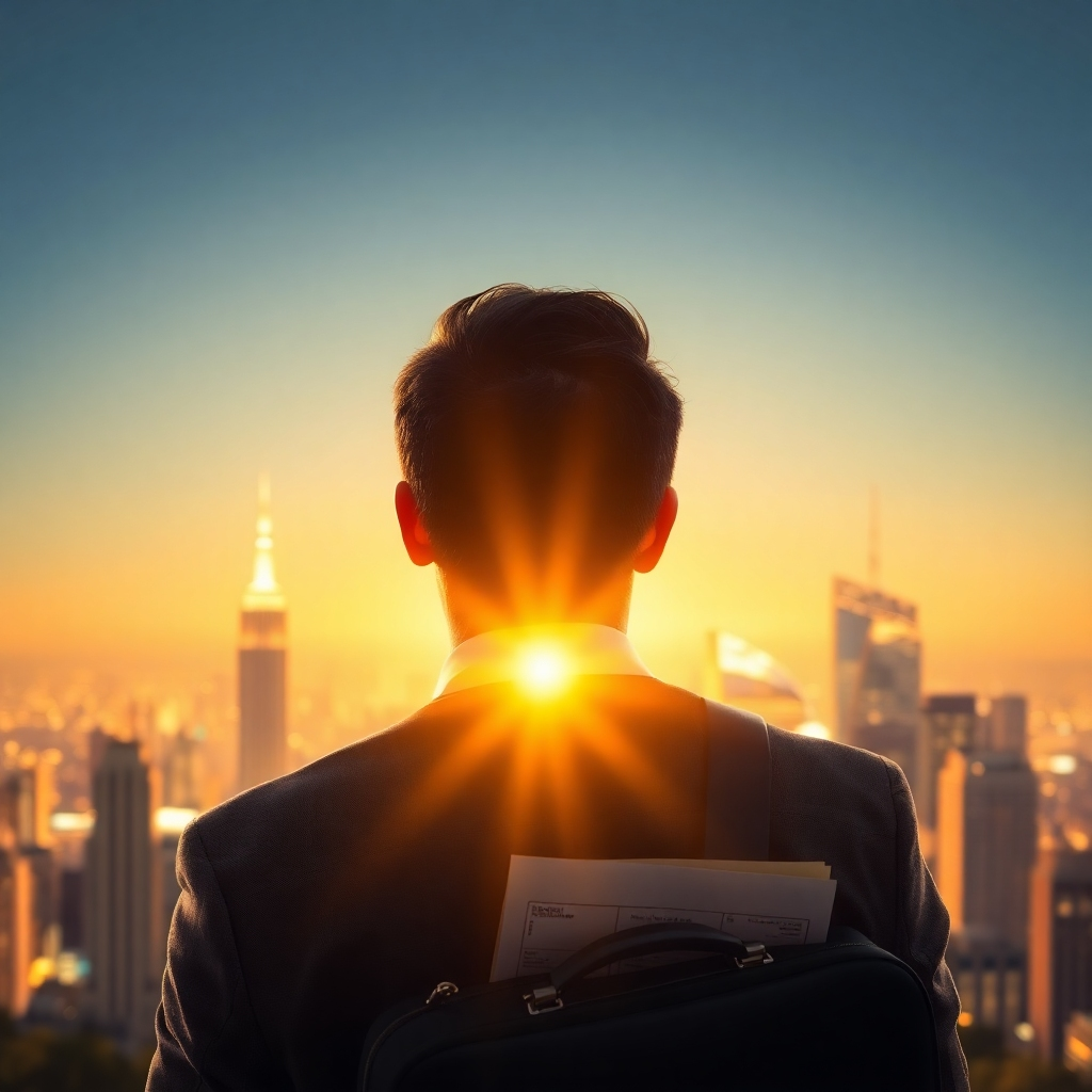 A photorealistic image of a person confidently looking toward a bright future, represented by a glowing city skyline.  Use a warm, optimistic color palette and sharp focus to capture the aspirational feeling.  Include subtle details such as a briefcase or financial document to link the image to wealth.