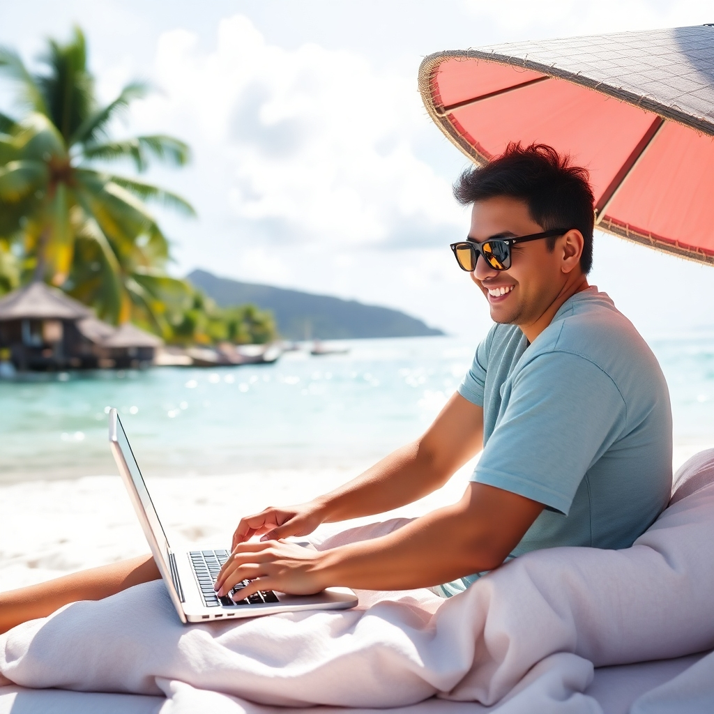 A photorealistic image of a person happily working on a laptop on a tropical beach. The image should portray the freedom and flexibility associated with online work. The lighting should be bright and sunny, and the overall feel should be relaxed yet productive.