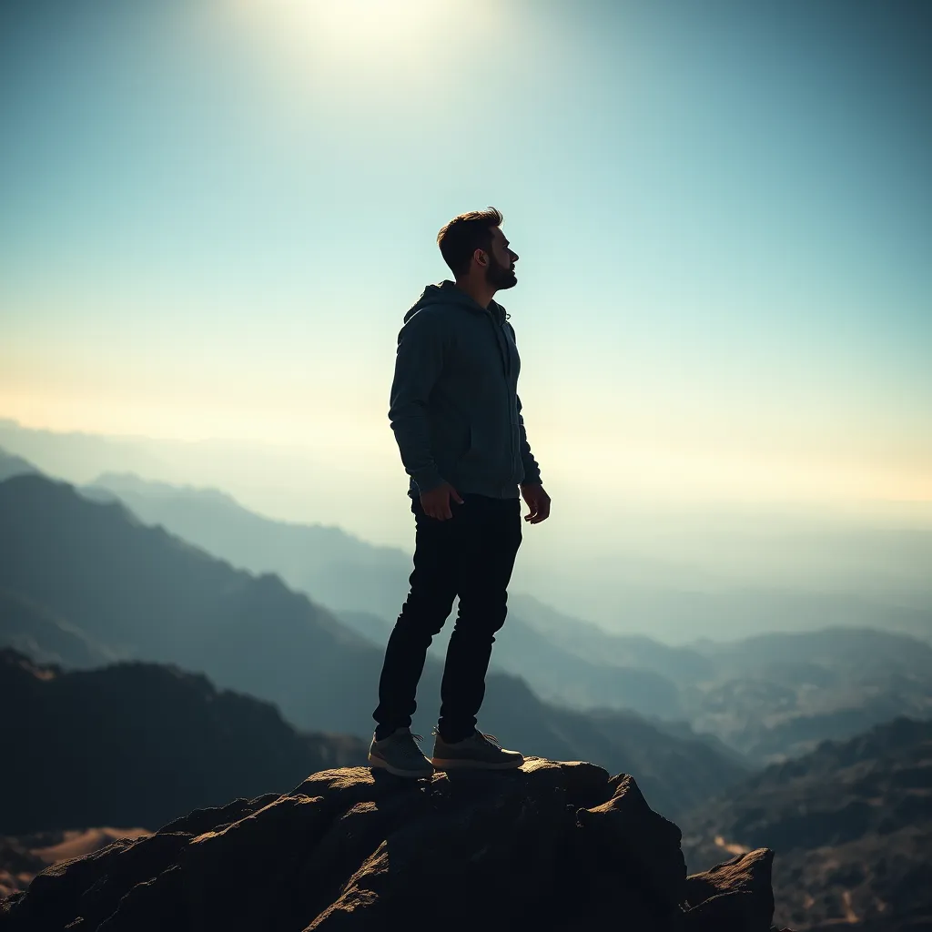 A photorealistic image of a person standing on a mountaintop, with a panoramic view behind them. The person is looking out at the horizon, with a determined expression on their face. The lighting is dramatic and directional, casting long shadows and highlighting the person's resilience. The color palette is rich and earthy, reflecting the challenges and triumphs of overcoming obstacles. The image is shot from a low angle, emphasizing the person's strength and determination. The background is detailed and expansive, representing the vastness of the challenges and the potential for growth. The image has a highly detailed, realistic style and a 8K resolution.  The image is in the style of a motivational poster.