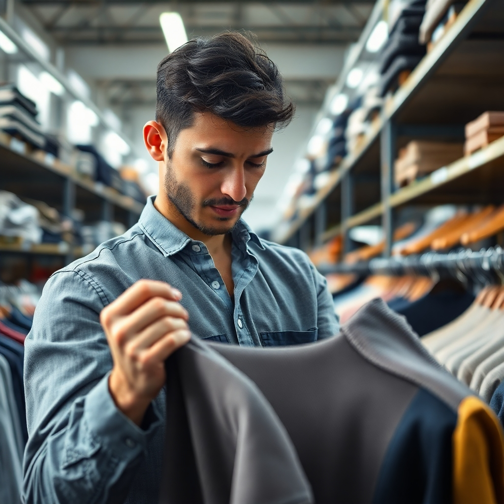 A photorealistic image of a person carefully inspecting the quality of a garment in a well-lit, modern warehouse.  The background should include neatly organized racks of clothing.  The focus should be on the texture and details of the clothing and the person's attentive expression.  The lighting should be soft and natural, highlighting the colors and textures of the garments. The image should be high resolution, conveying a sense of professionalism and care.