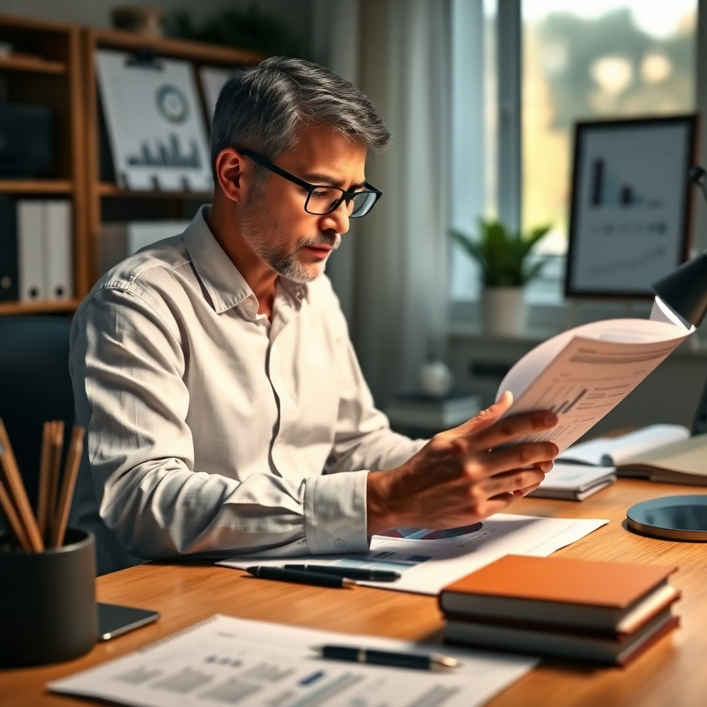 A photorealistic image of a person sitting at a desk, carefully analyzing financial plans and charts. The setting is a well-organized home office. The lighting is focused and conducive to concentration. The composition emphasizes careful planning and analysis. Camera angle: medium shot, focusing on the person and their documents. Style: Stock photography with a focus on finance.
