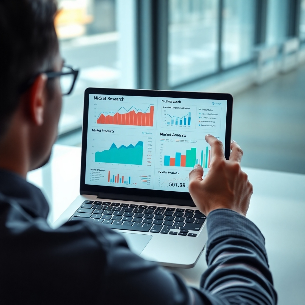 A photorealistic image of a person thoughtfully looking at a laptop screen displaying graphs and charts showing market research data, with keywords like 'Niche Research', 'Market Analysis', and 'Profitable Products' subtly visible on the screen. The background should be a modern, minimalist office setting.