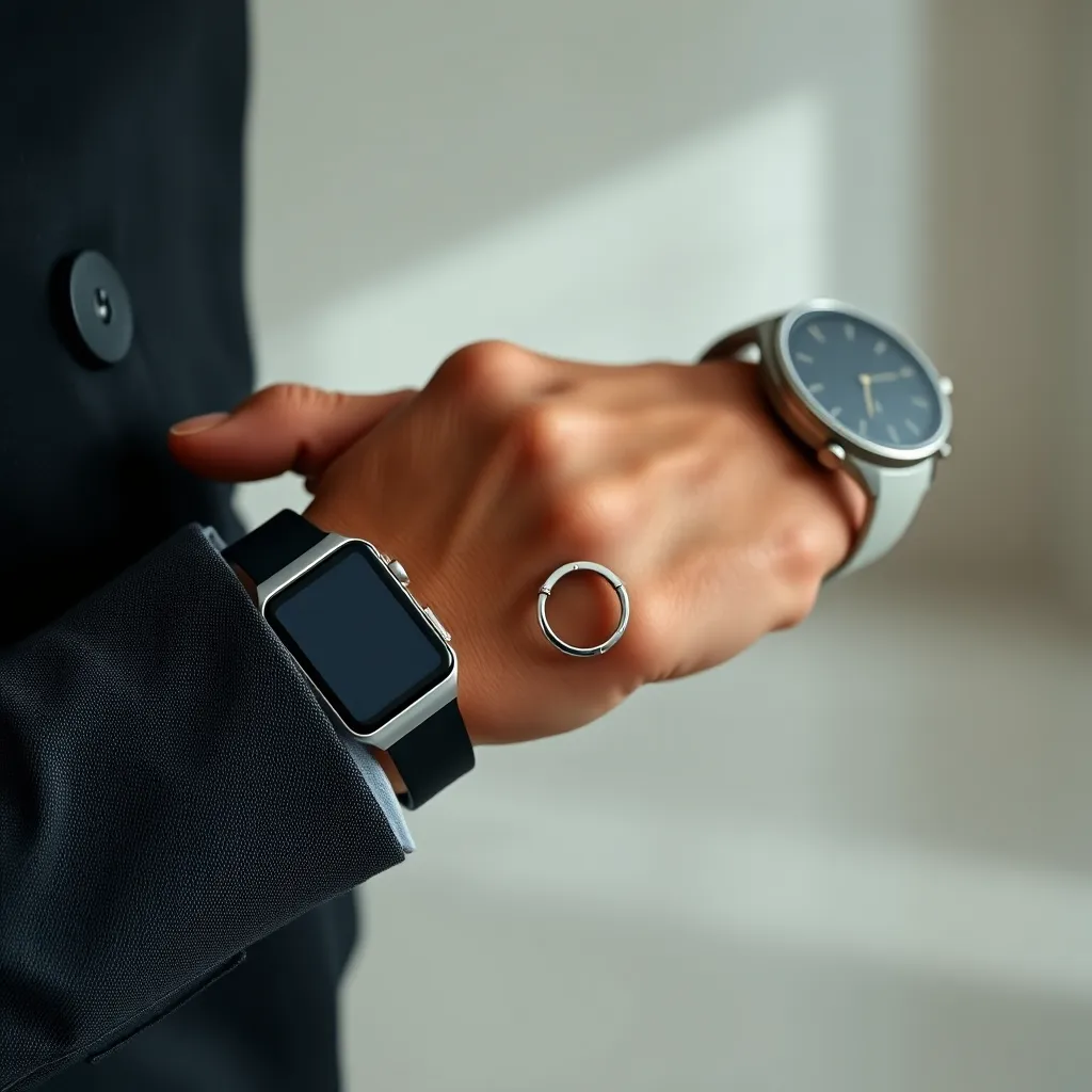 A photorealistic image of a person wearing a stylish silver SAITS4U smart ring on their wrist, with a complementary smartwatch. The image should highlight the sleek, minimalist design of the devices, emphasizing their ability to blend seamlessly with different outfits and styles. The background should be a minimalist, modern setting that complements the device's sophisticated aesthetic.