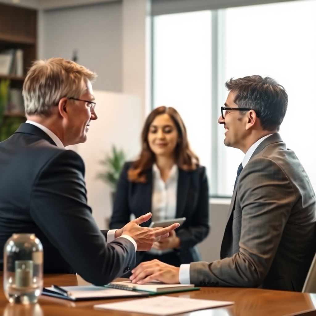 A photorealistic image of a person consulting with a financial advisor. The setting could be a professional office with calm and assuring colors.