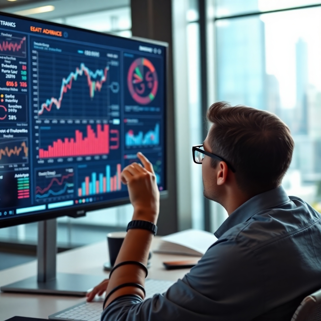 A photorealistic image of a person analyzing charts and graphs on a large monitor, focusing on product trends and market demand. The monitor is displaying various data points and analytics, highlighting potential opportunities for profit. The background is a modern office setting, with a blurred cityscape visible through the window. The lighting is bright and focused, emphasizing the importance of data analysis. Camera angle: Medium shot, slightly angled to show the person and the monitor.