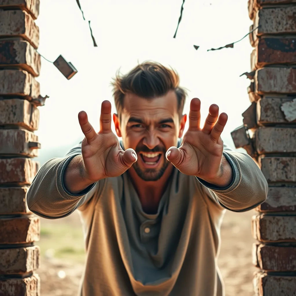 A photorealistic image of a person breaking through a brick wall with their bare hands. The wall is cracked and crumbling, symbolizing the overcoming of obstacles. The person is determined and focused, with a look of triumph on their face. The background should be a bright, hopeful setting.