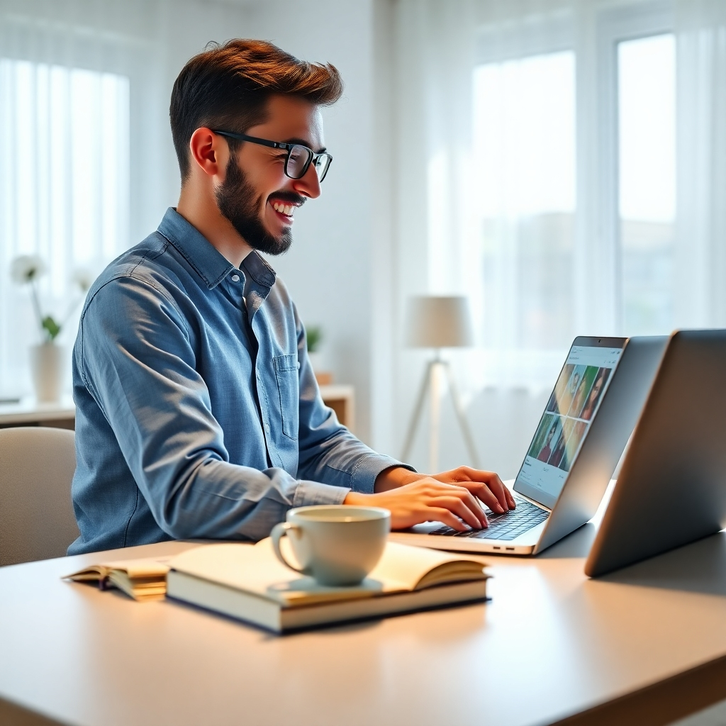 A photorealistic image of a person smiling and looking at a laptop screen displaying an online course platform, with books and a coffee cup on a desk in a bright, home office setting.  The image should convey a feeling of success and ease.