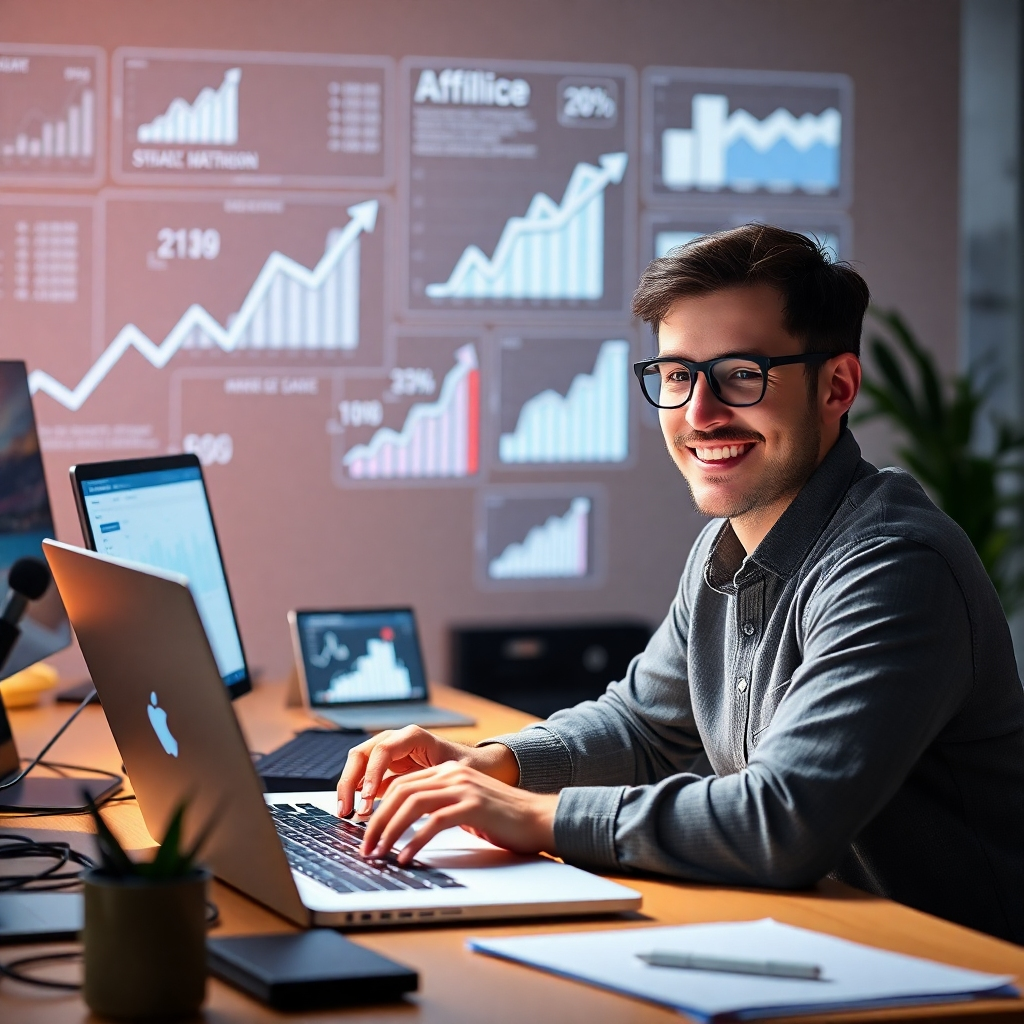 A photorealistic image of a person smiling and working on a laptop, surrounded by various digital devices, charts showing upward trends, and affiliate marketing logos subtly integrated into the background.  The overall mood should be one of success and productivity, with a soft, warm lighting.