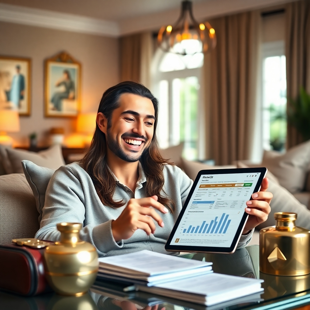 A photorealistic image of a person joyfully reviewing financial statements on a tablet, surrounded by luxurious items and a beautiful home setting. The lighting is warm and inviting, and the color palette exudes success and comfort.