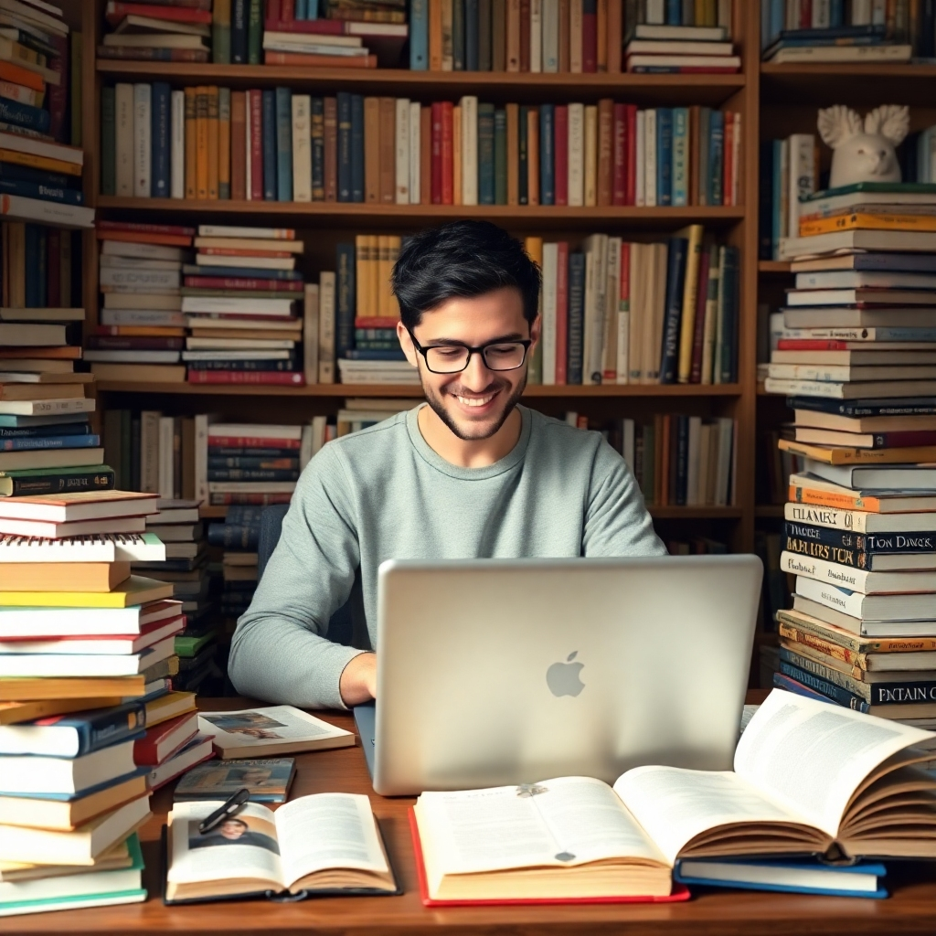 A photorealistic image of a person happily working on a laptop surrounded by numerous books and helpful online resources.  The scene should be warm, inviting, and suggest a supportive learning environment.
