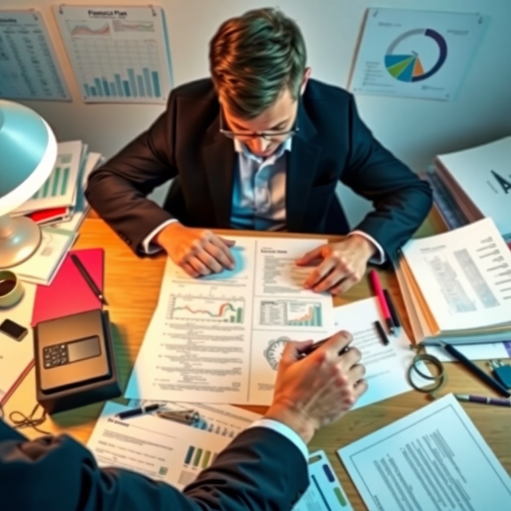 A photorealistic image of a person meticulously working on a financial plan, surrounded by various financial tools and documents.  The scene should be well-lit, emphasizing the organization and efficiency of their approach.  The overall style should feel professional and organized, conveying a sense of control and progress.